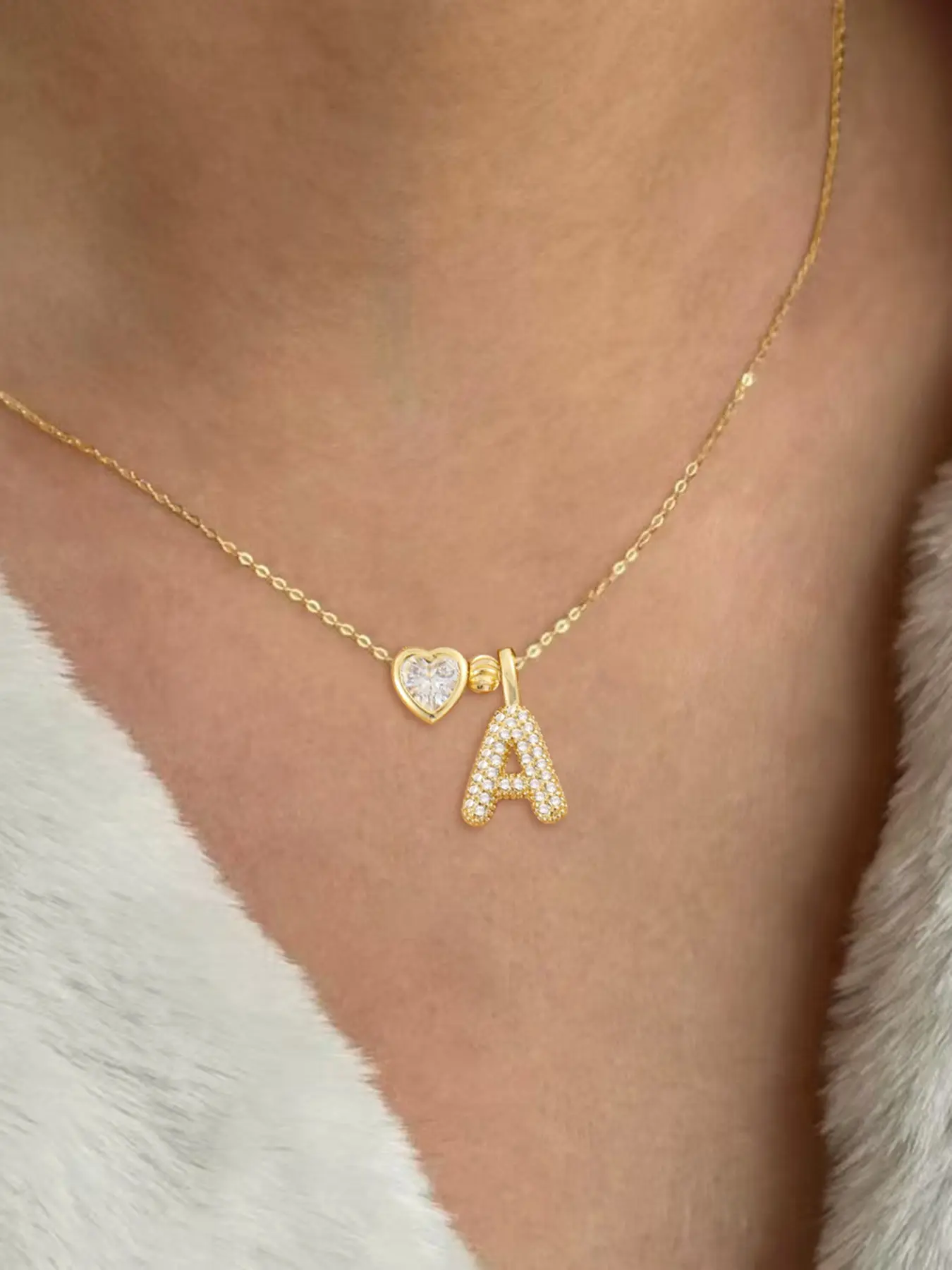 Women's Stainless Steel Chain Necklace, Heart Shaped Necklace, Crystal Heart Bubble Initial Pendant Design, Casual All-Season Jewelry Accessory