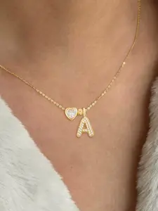 Women's Stainless Steel Chain Necklace, Crystal Heart Bubble Initial Pendant Design, Casual All-Season Jewelry Accessory