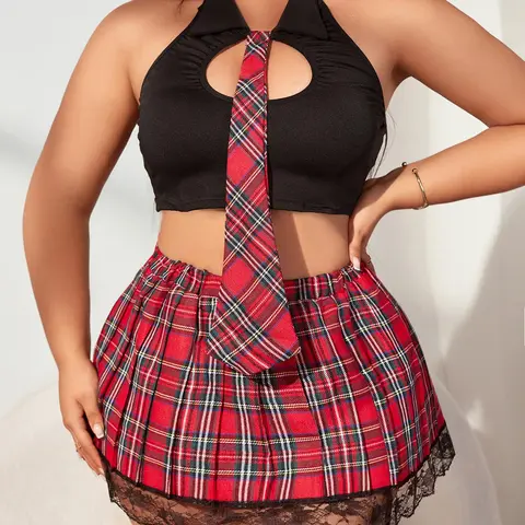Plus Size Women's Two-piece Set Solid Sleeveless Halter Bra with Plaid Tie & Plaid Print Contrast Lace Short Skirt Sexy Party Fitted Set Outfit Underwear Set, Womenswear, Gigi Two Piece Set