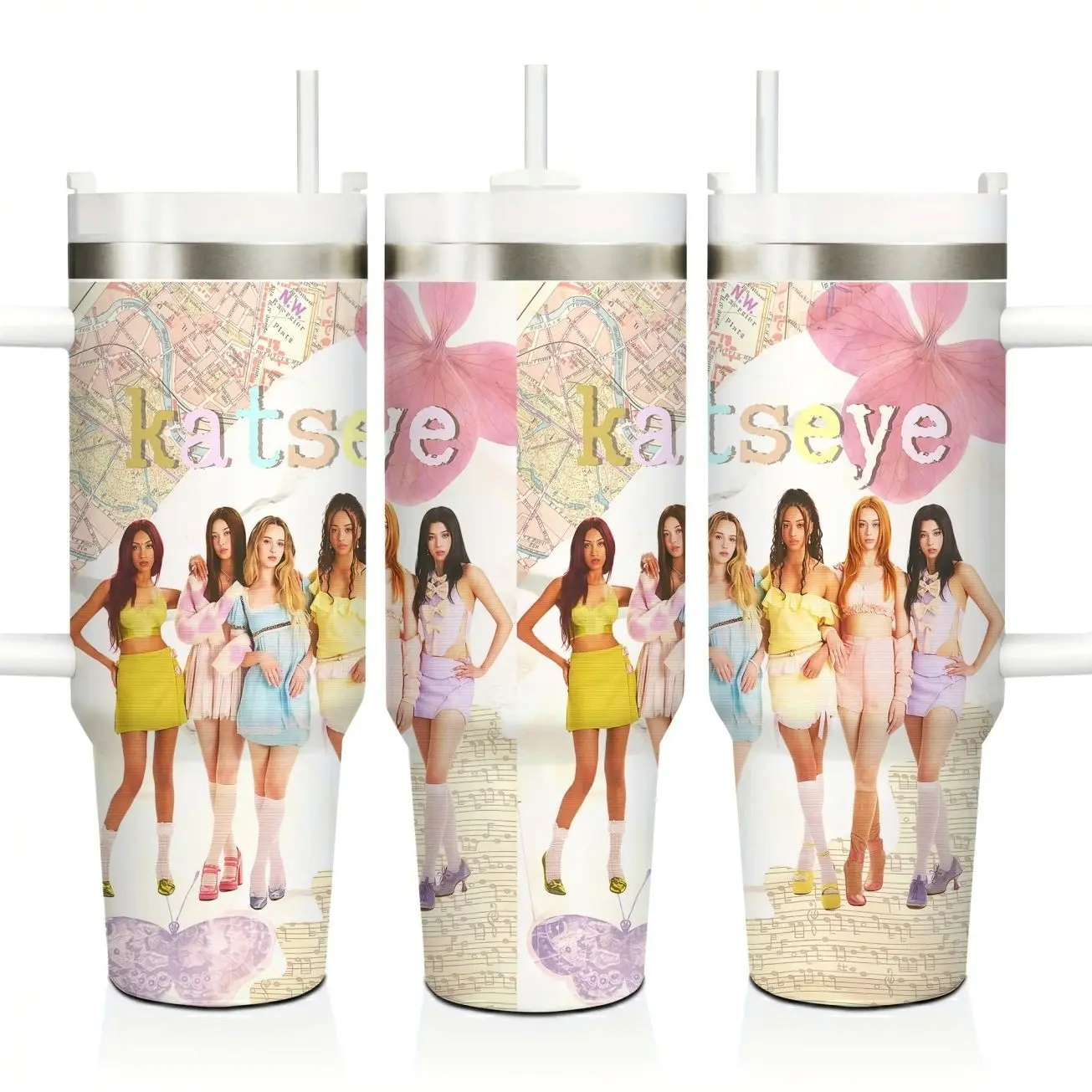 Katseye Girl Group Fan 40oz Large Stainless Steel Tumbler with Handle and Straw Leak Proof Insulated Mug Keeps Drinks Hot Cold for Daily Use