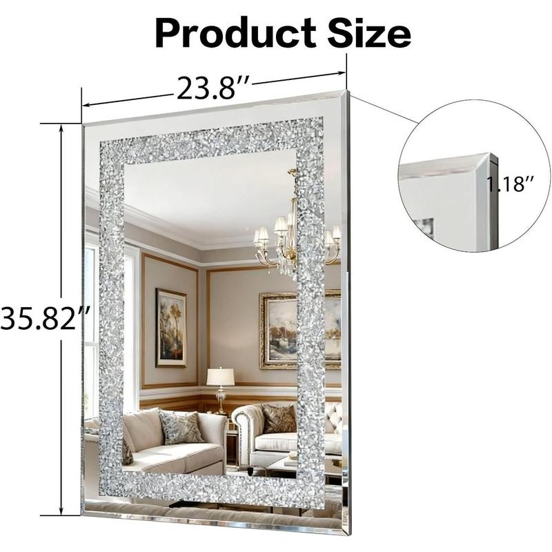Crystal Crushed Diamond Wall Mirror 36x24 Inch, Large Rectangle Wall Mirror with Beveled Edge, Luxury Silver Frame, Perfect for Living Room, Bathroom, Entryway Decor