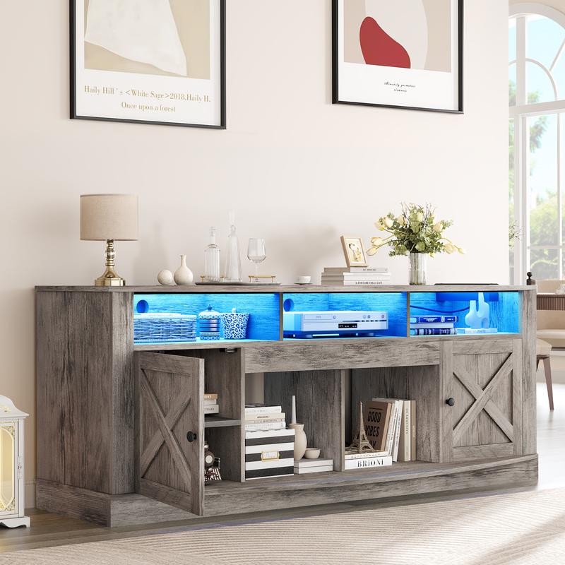 DWVO Farmhouse TV Stand for TVS up to 80 Inch, Entertainment Center with Power Outlet, TV Table with Barn Doors & Storage Cabinets, TV Console for Living Room, 70" Rustic Grey