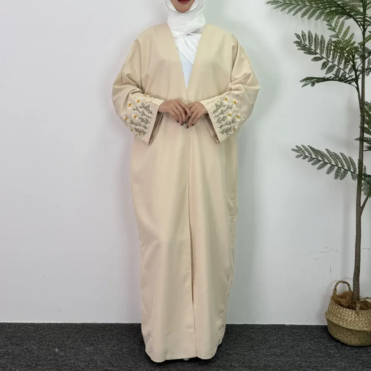 Open Front Abaya Embroidery Floral Flower Long Sleeve Maxi Length Muslim Cardigan Abayas Flowers Kaftan Women Jilbab Women's Clothing XIBUSANA