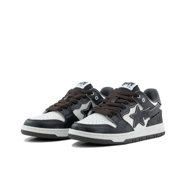 Black White Two Tone Smooth Leather Star Graphic Low Top Skate Sneakers Unisex Non Slip Rubber Sole Shock Absorb Flat Casual Walking Shoes