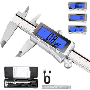 Digital Caliper, Rechargeable Caliper Measuring Tool with Backlight LCD Screen, All Metal Calipers, Auto-Off Digital Micrometer, Inch/MM/Fraction for Household/3D-Printing-Rechargeable 6 Inch