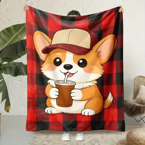 Soft Flannel Blanket, Cute Corgi Drinking Drink Red Black Plaid Print Warm Cozy Throw, Durable Plush for Home Couch Bed, Corgi Lover Gift & Bedroom Decor Accessory