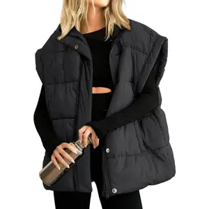 Women's oversized bubble vest stand up collar full zipper sleeveless bubble vest quilted padded warm jacket