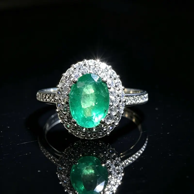<PingEast jewelry > Emerald ring502—-925 Sterling Silver Ring | 5×7mm Oval Natural Emerald with Double Halo of Natural Zircon, Silver Setting, with Certificate