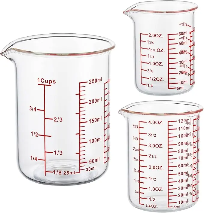 Glass Measuring Cup Set with Pour Spout – 60ml, 120ml & 250ml High Borosilicate Measuring Beakers for Cooking, Baking & Mixing
