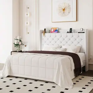 Allewie Full/Queen/King Size Bed Frame, Storage Headboard With Charging Station, Wingback Velvet Upholstered, Diamond Stitched Button Tufted, Sturdy Wooden Slats, No Box Spring Needed, Easy Assembly, White