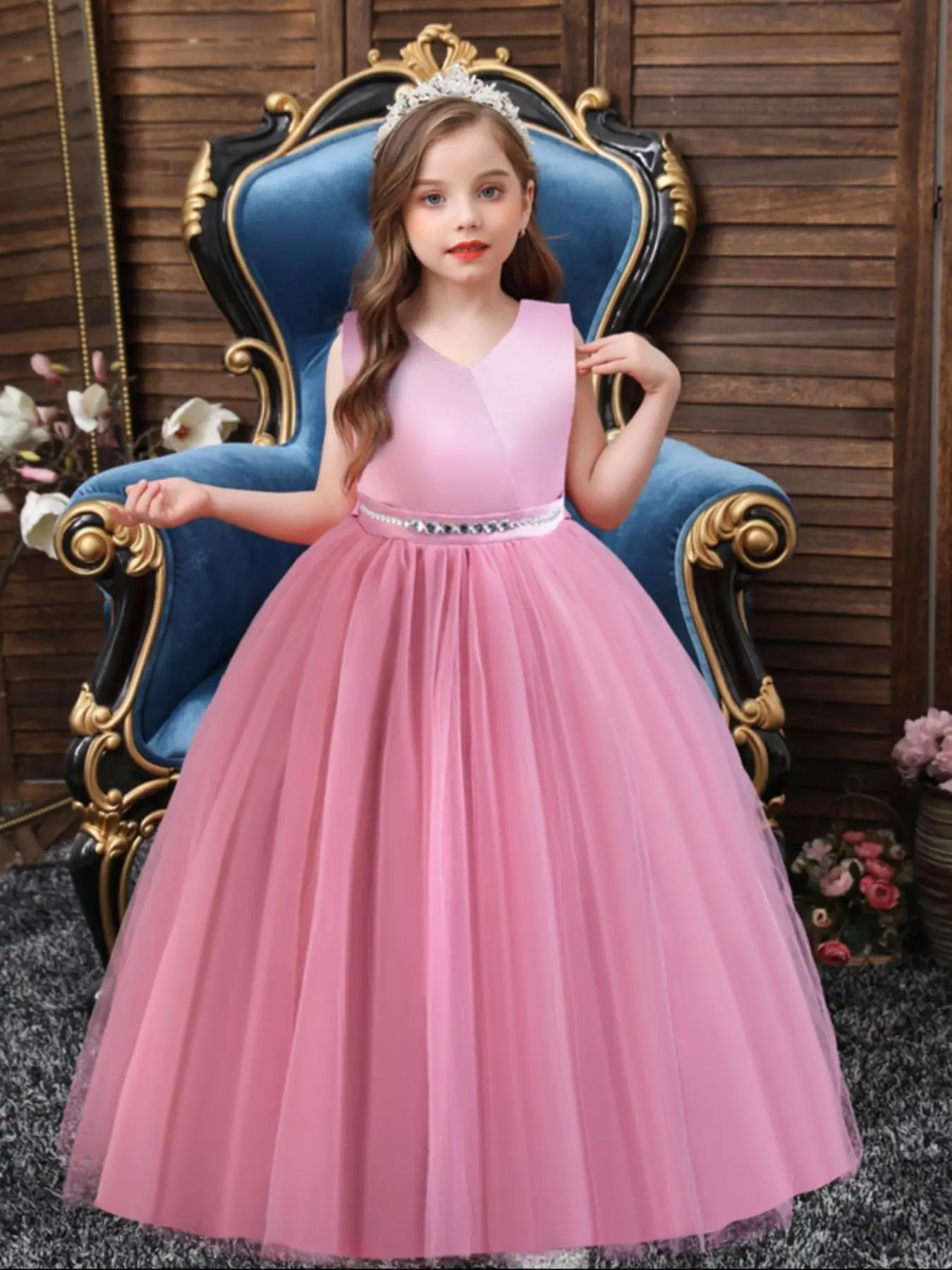 Girl's Rhinestone Decor Big Bow Dress, Elegant Sleeveless V Neck Party Gown, Kids Clothes for All Seasons