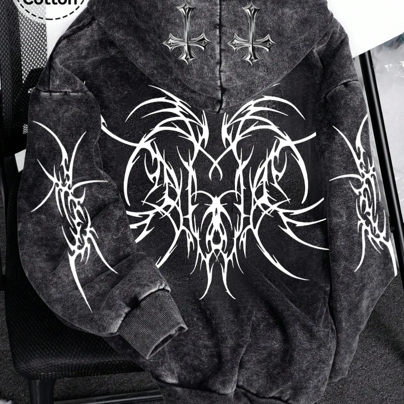 Y2K Rock Wash Full Zip Hoodie, Gothic Cross and Tribal Thorn