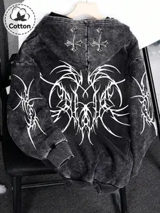 Y2K Rock Wash Full Zip Hoodie, Gothic Cross and Tribal Thorn Pattern, Loose Vintage Warm Sweatshirt, Unisex Dark Streetwear Jacket