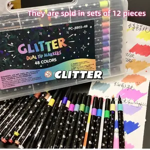 12-Pack Glitter Markers, Soft Tip Single Head, Non-Fading Pearl Finish, Bold Brush Tips, Student Art Supplies, Mixed Colors