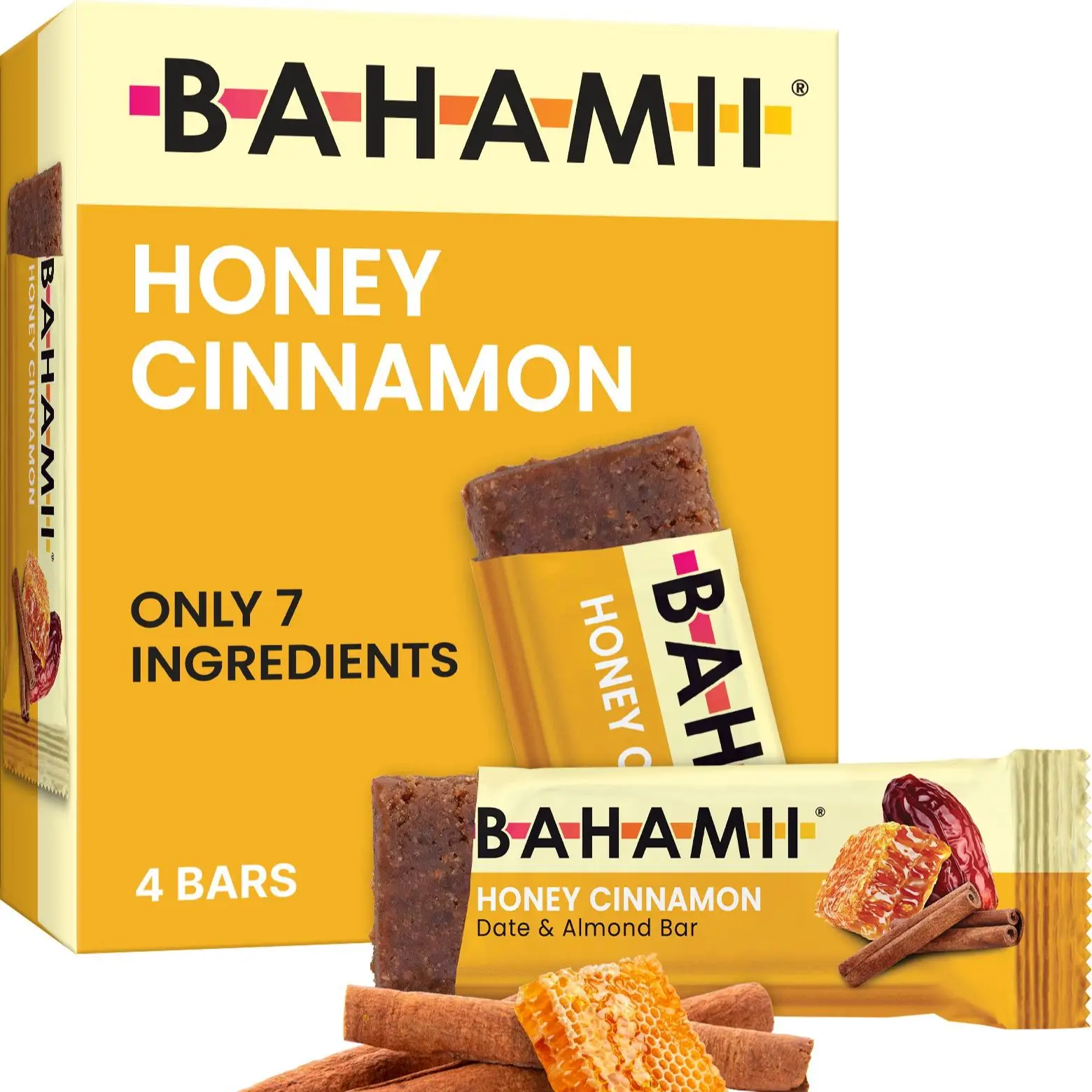 BAHAMII Honey Cinnamon Date Bars – Dairy-Free, Gluten-Free, No Refined Sugar, Good Source of Fiber Energy Snack (4-Bars)