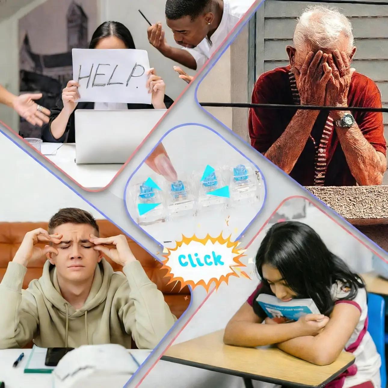 2 Pack Keyboard Fidget Keychain with Colorful LED Lights, Keyboard Fidget Toy, 4-in-1 Stress Clicker Toy, Keyboard Button for Anxiety Relief,Decompression  SqueezeToy for for Adults, Office, Library & Daily Use, Transparent Black & White