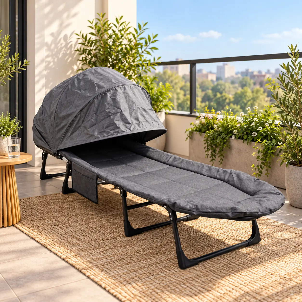 Folding Camping Cot with Sun Shade Canopy, Extra Long Padded Lounge Bed with Integrated Pillow, Adjustable Reclining Outdoor Chaise, Heavy Duty Portable Sleeping Cot for Patio, Beach, Camping & Home