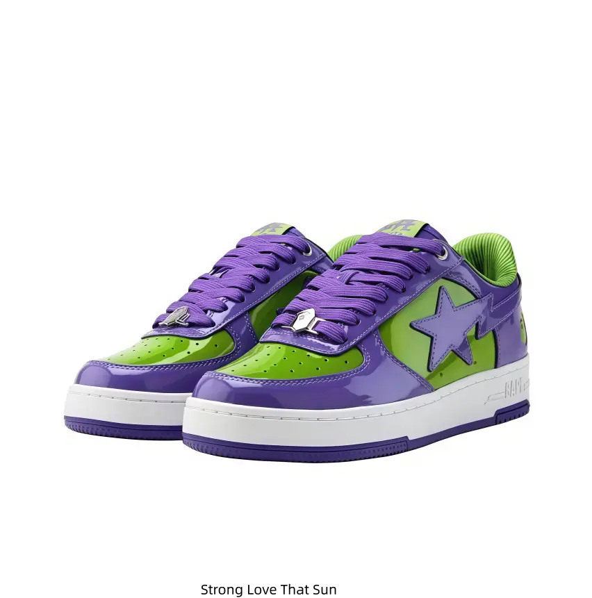 Unisex Glossy Purple & Green Color Block Low-Top Sneakers with Star Graphic, purple laces and white thick midsole, bold retro hip-hop style casual street shoes for men and women