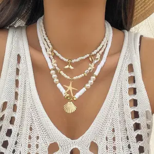 European and American ocean wind shell multi-layer necklace, beach starfish beaded jewelry women