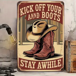 2D Flat, 1pc Vintage Western Iron Wall Art Sign - Rustic "Kick Off Your Boots and Stay Awhile" Cowboy Hat & Boots Motif, 2D Flat Metal Decor for Home, Office, Patio - Indoor/Outdoor Use, No Electricity Needed, Perfect Gift for Men, Western Home Decor, Ind