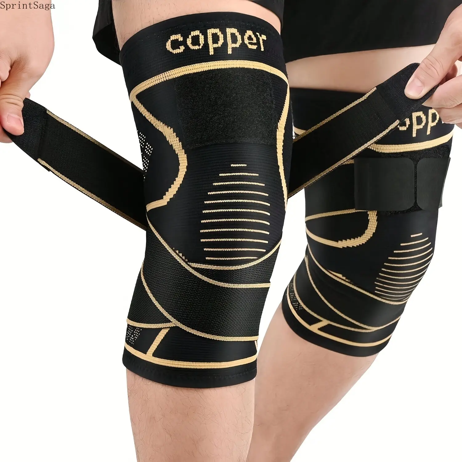 Men's Black Copper Alloy Knee Pads - Adjustable Strap Closure, Nylon Blended Compression, Modern Breathable Design, Stable Support, Comfortable Durable Anti-Injury Protection for Daily Activities