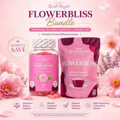 Flowerbliss Uterine Wellness Bundle for Adult Women - Organic Tea, Herbal Formula with Red Clover, Angelica Root, Chasteberry, Emotional Regulation & Hormone Support Blended Vitamins and Minerals Supplements