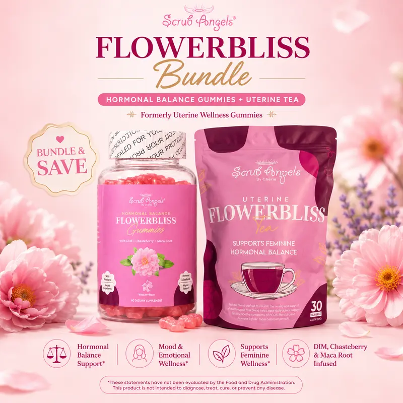 Flowerbliss Uterine Wellness Bundle for Adult Women - Organic Tea, Herbal Formula with Red Clover, Angelica Root, Chasteberry, Emotional Regulation & Hormone Support Blended Vitamins and Minerals Supplements