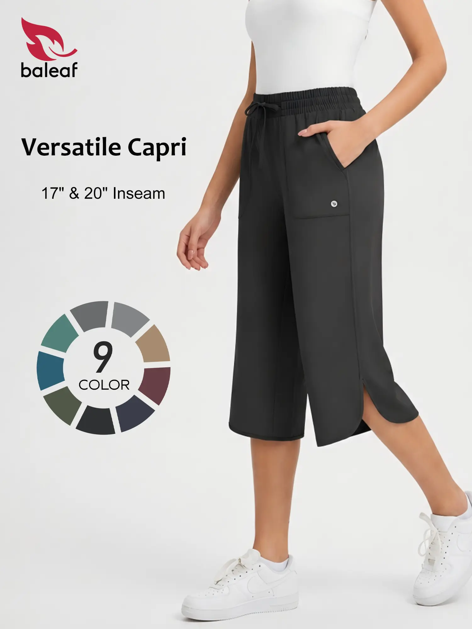 BALEAF Women's High Waisted Capri Pants (17"/20" Inseam) with Pockets - Women's Bottom, Lightweight, Comfy Loungewear, UPF 50+, Water Resistant, Tummy Control, Loose Fitting, Capri Pants Women