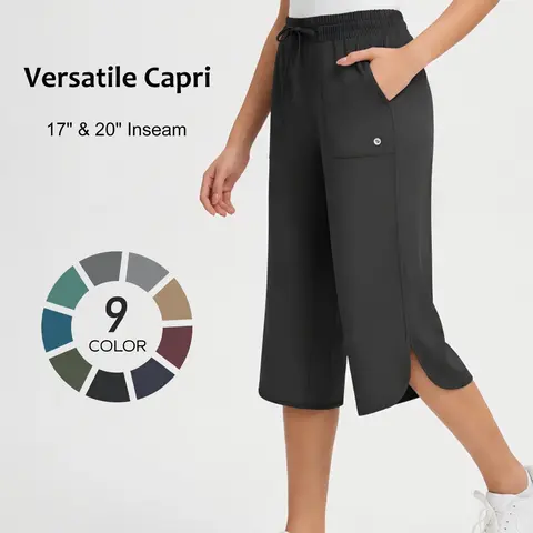 BALEAF Women's 17"/20" Wide Leg Capri Pants with Deep Pockets High Waisted Lightweight Comfy Casual Lounge Pants Quick Dry Breathable Water Resistant UPF 50+ Tummy Control Loose Fit for Travel Teacher Everyday Walking Vacation Outdoor Summer tiktokshopbac