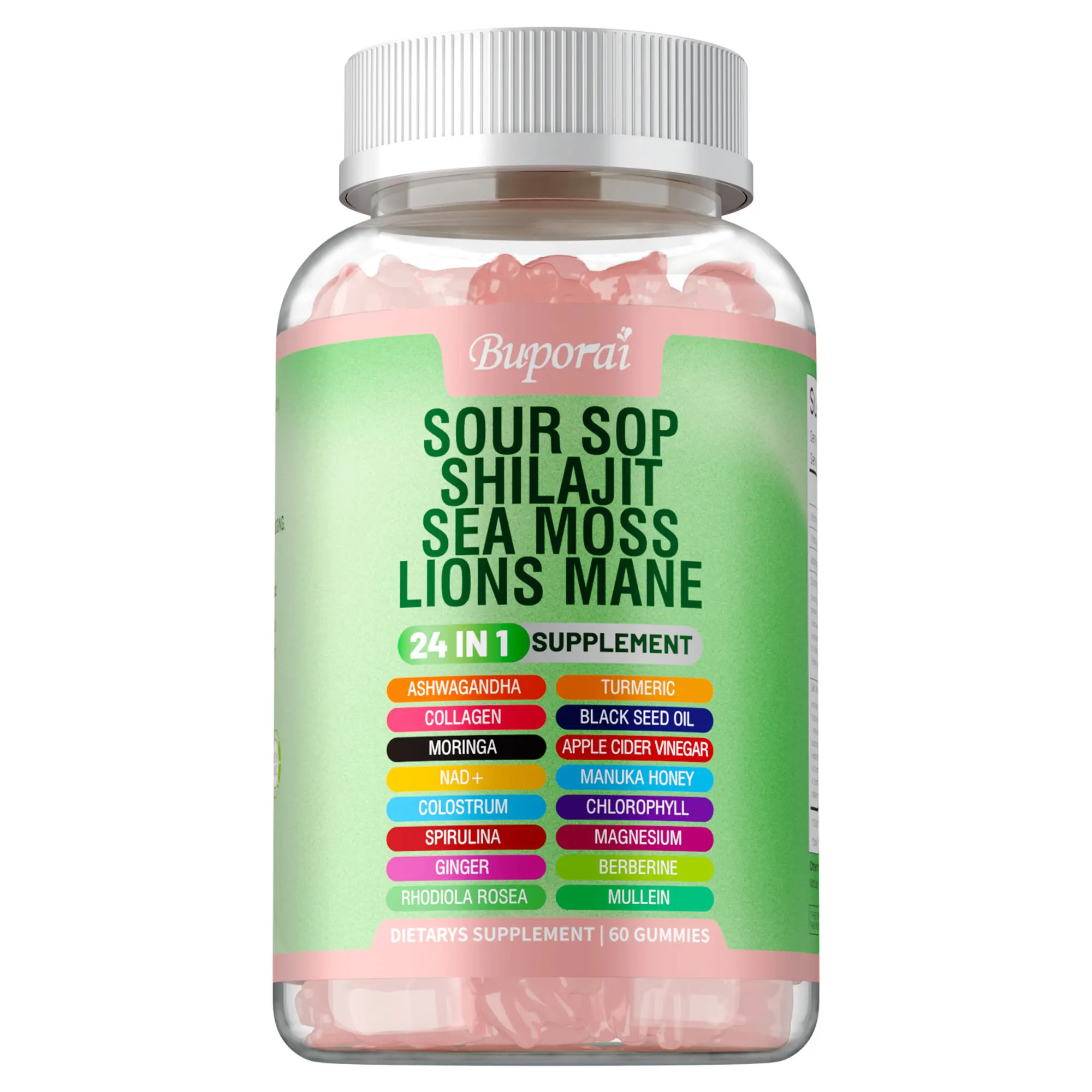 Buporai Dietary Supplement, 60 easy-to-swallow gummies; supports skin health and immune function while providing daily nutritional support; enriched with premium ingredients including soursop and seaweed.