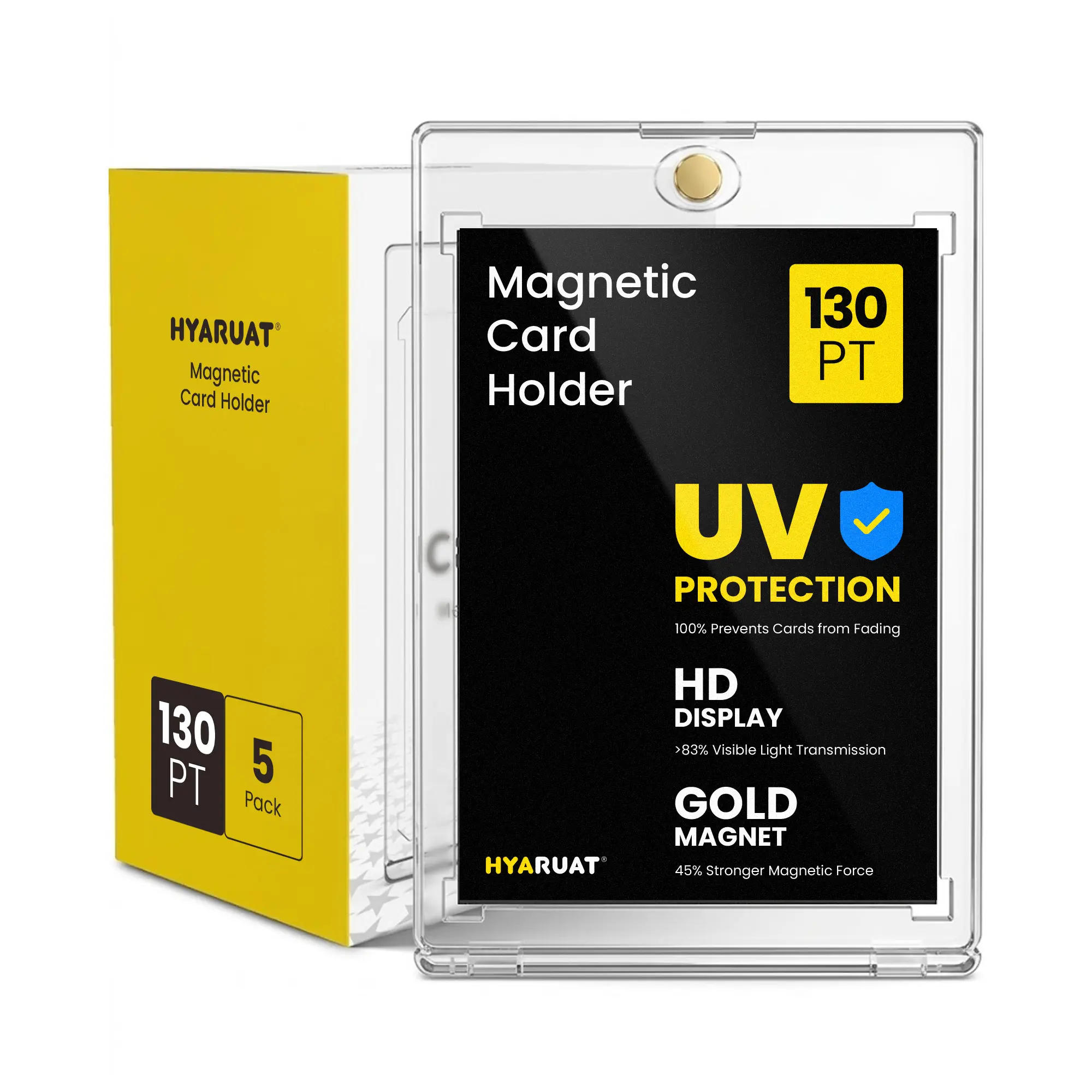 130pt Magnetic Trading Card Holders - 5 & 20 Pack White Clear 1-Touch Hard Cases with Secure Seal, Stronger Magnet, UV Blocking for TCG Storage