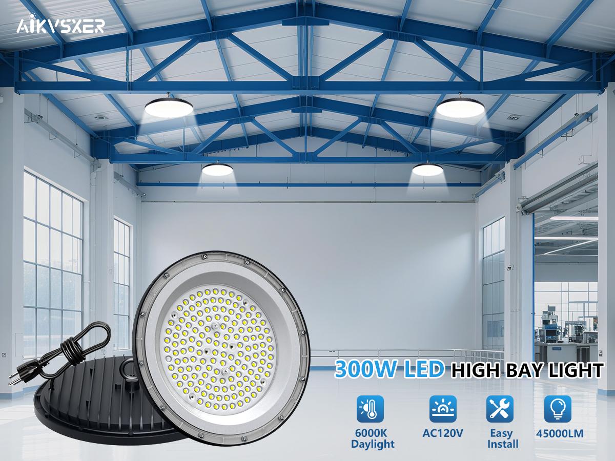 300W UFO LED High Bay Light Commercial Industrial Lighting for Warehouses and Retail Spaces 45,000 Lumens, Includes US Standard Plug and Suspension Chain, 6000K Daylight Color Temperature, Safe and Efficient