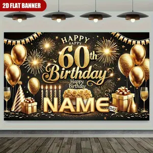 Personalized 60Th Birthday Party Backdrop - Custom Name in Golden Glittery Font with Fireworks & Balloons Design, Durable Polyester Fabric, No Electricity Needed for Indoor/Outdoor Celebrations, Home Decor, Multi-Use Gift Boxes, Birthday Party Decorations