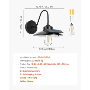 VEVOR Solar Outdoor Barn Light, 3 Lighting Modes and Motion Sensor, 2-Pack Gooseneck Light Fixture, Farmhouse Wall Sconce, with E27 Bulb Compatible, Waterproof for Porch, House, Entryway, Garage, Black