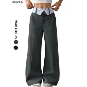 ASANDY High Waisted Gray Wide Leg Pants for Women with Shirt Collar Waist Button Detail Tailored Fabric Versatile Office Casual Wear