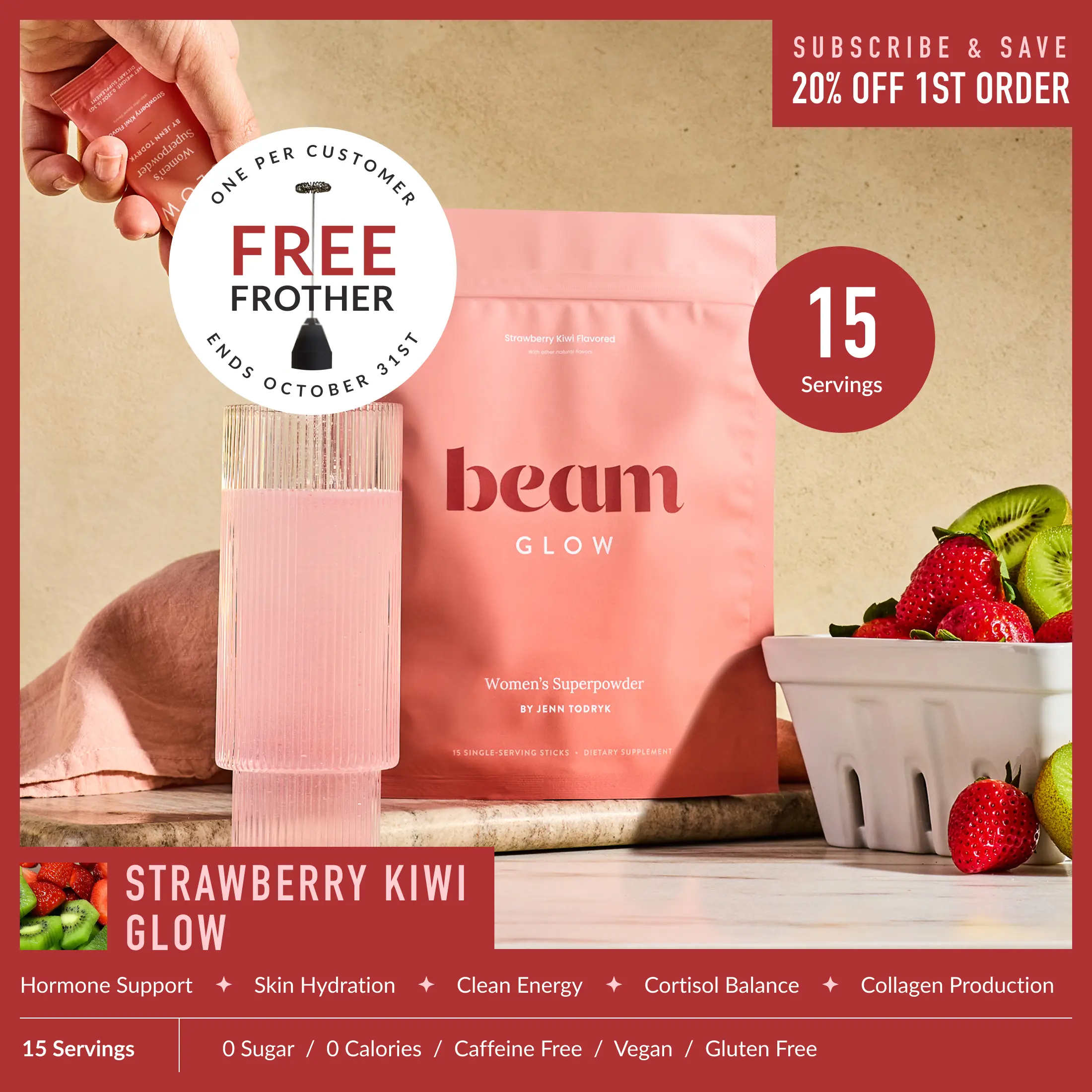 Beam Glow Women’s Wellness Drink Mix – Hormone Balance, Skin, Hair & Nail Support, Sugar Free, Caffeine Free, 0 Calories, 15 Sticks