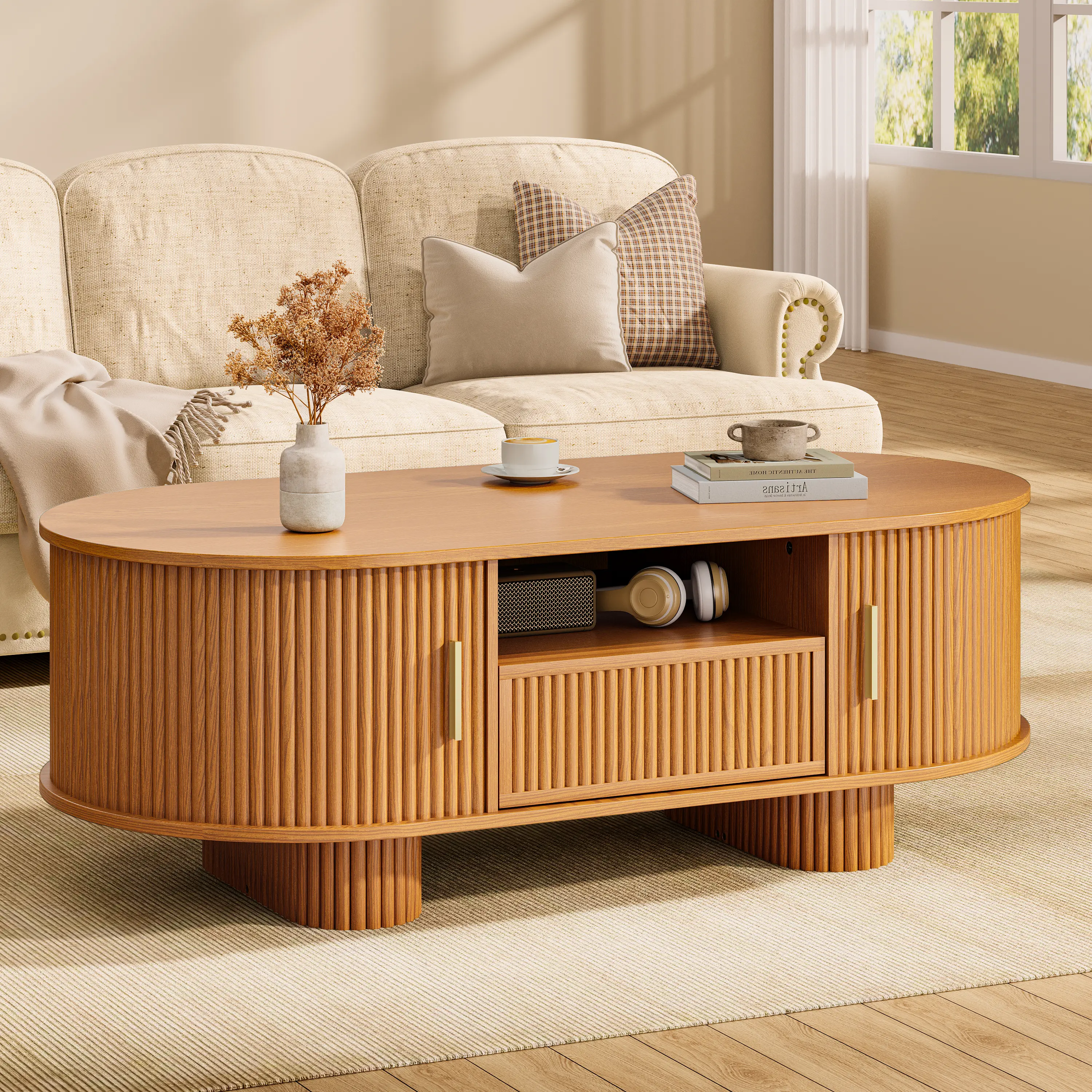 【Deals for You Days】DHH 47.2"/55.12" Oval Fluted Coffee Table with Drawers & Tambour Sliding Doors, Mid-Century Modern Japandi Center Table, Boho Wood Hidden Storage Accent Cocktail Table for Living Room campingessentials