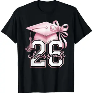 Women's Cotton Short-Sleeve Fashion T-Shirt - Pink Coquette Bow, Senior Class of 2026, Casual Streetwear, Comfortable Fit, Natural Fabric