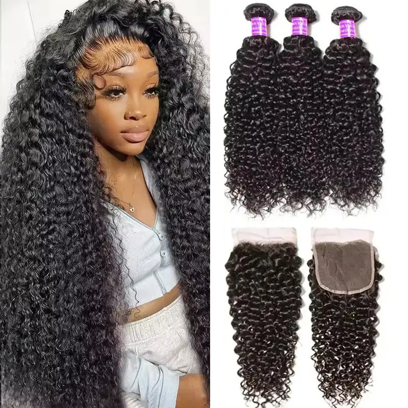 Kinky Curly Hair Bundles With Closure Virgin Human Hair Weave Bundles 10-28 Inches Natural Color Remy Hair Weave Extensions 100g/pc #Summervibes, Hair Extensions, Restyle Freedom