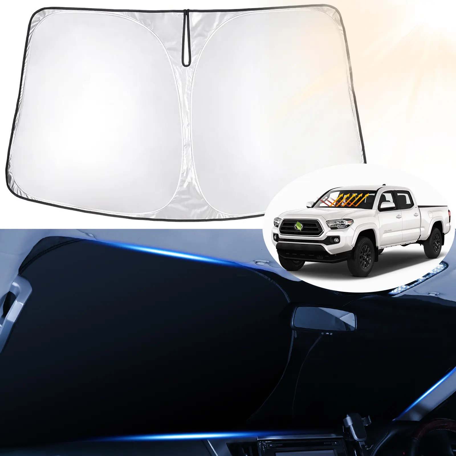 Canvcle Custom Fit Car Sunshade Windshield Outside for Toyota Tacoma 2016-2026, 240T Reflective Foldable Visor Windscreen Shade Cover, Double Layer UV Protective Heat Shield, Quick Install No Tools All Seasons Fit for 2Dr/4Dr Pickup Truck Front Window