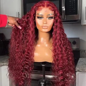 Bling Hair 180 Density 99J Burgundy Deep Wave 13x6 HD Lace Frontal Human Hair Wig Pre plucked Colored Brazilian Deep Wave Curly Human Hair Wig