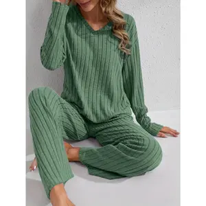 2025  V-Neck Long Sleeve Top & Straight Leg Pants, Olive Green, Comfortable Polyester Blend for Casual Attire, Versatile Clothing | Ribbed Texture Design | Polyester Blend Set, Ribbed Knit Clothing