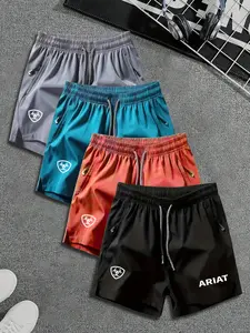 4 Piece Set Casual American Style Shorts, Daily Streetwear, Subtle Trendy Design, Ariat Shield Letter Print, Breathable, Unisex