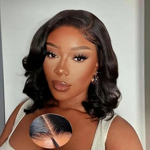 Bob Wig Human Hair Glueless 4X4 HD Lace Front Wigs Human Hair Short Body Wavy Bob Wigs for Black Women Soft and Natural Black Color