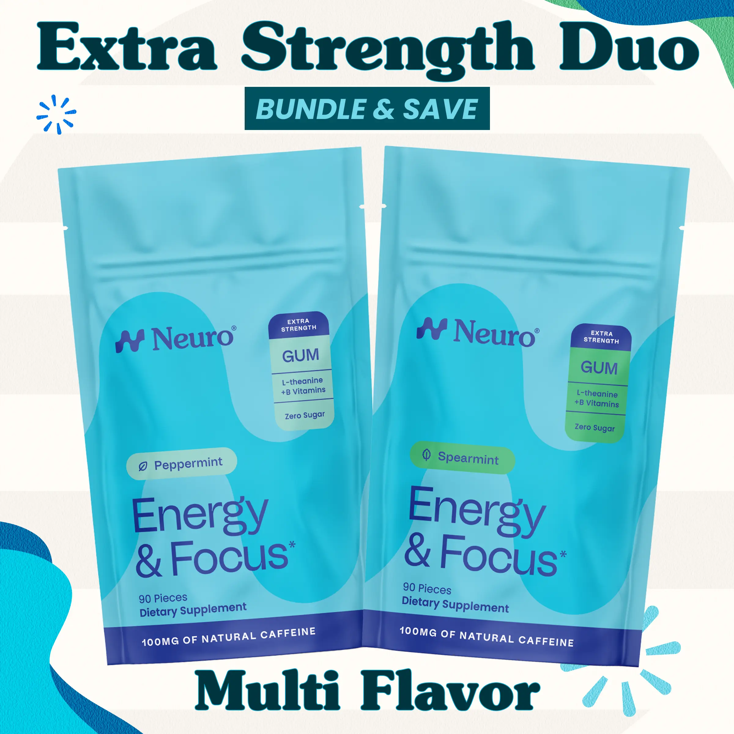 Extra Strength Duo - Energy & Focus Caffeine Gum (100mg) - Multi Flavor (2-Bulk Pouches)