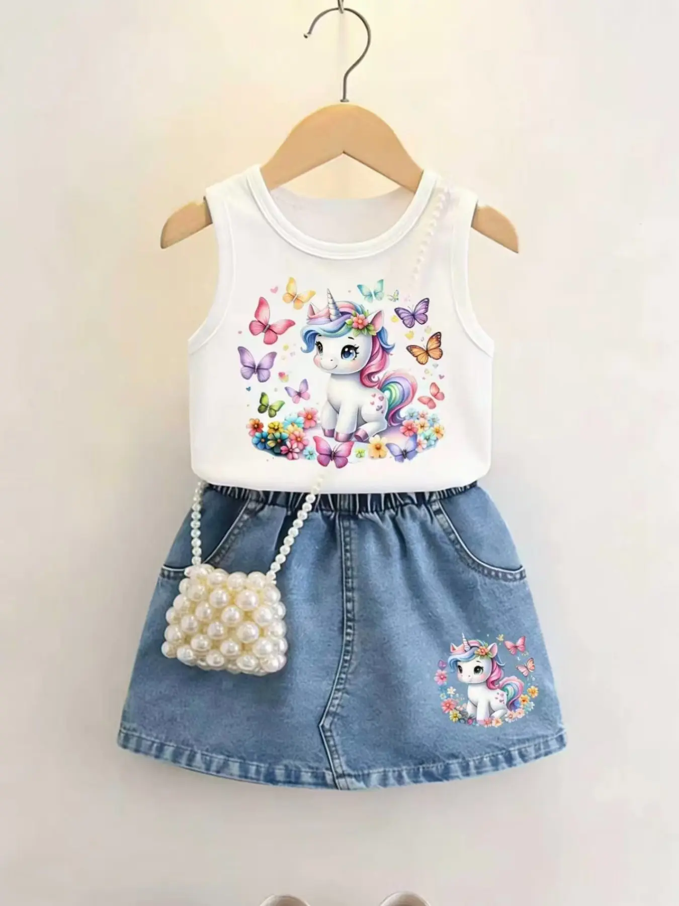 Girls' Unicorn Denim Skirt Set, Sleeveless Vest & A-Line Dress, Casual Loose Fit, All Seasons, Random Print, Perfect for School &