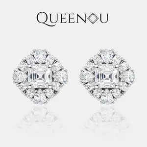 【1018】1CT Square Synthetic Moissanite Stud Earrings | Crushed Ice Center with Zirconia Halo | Geometric Square Design