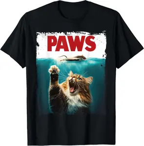 Men's Pure Cotton Round Neck Short-Sleeves USA PAWS Parody Graphic T-Shirt, Natural Casual Humorous Cat Chasing Mouse Design, Gifts for Men