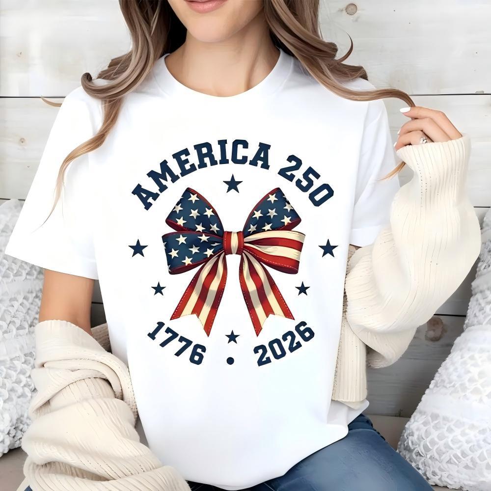 America 250 Stars And Stripes Bow Print T Shirt White Crew Neck Casual Top For Independence Day Celebration,4th of July Women Streetwear Top