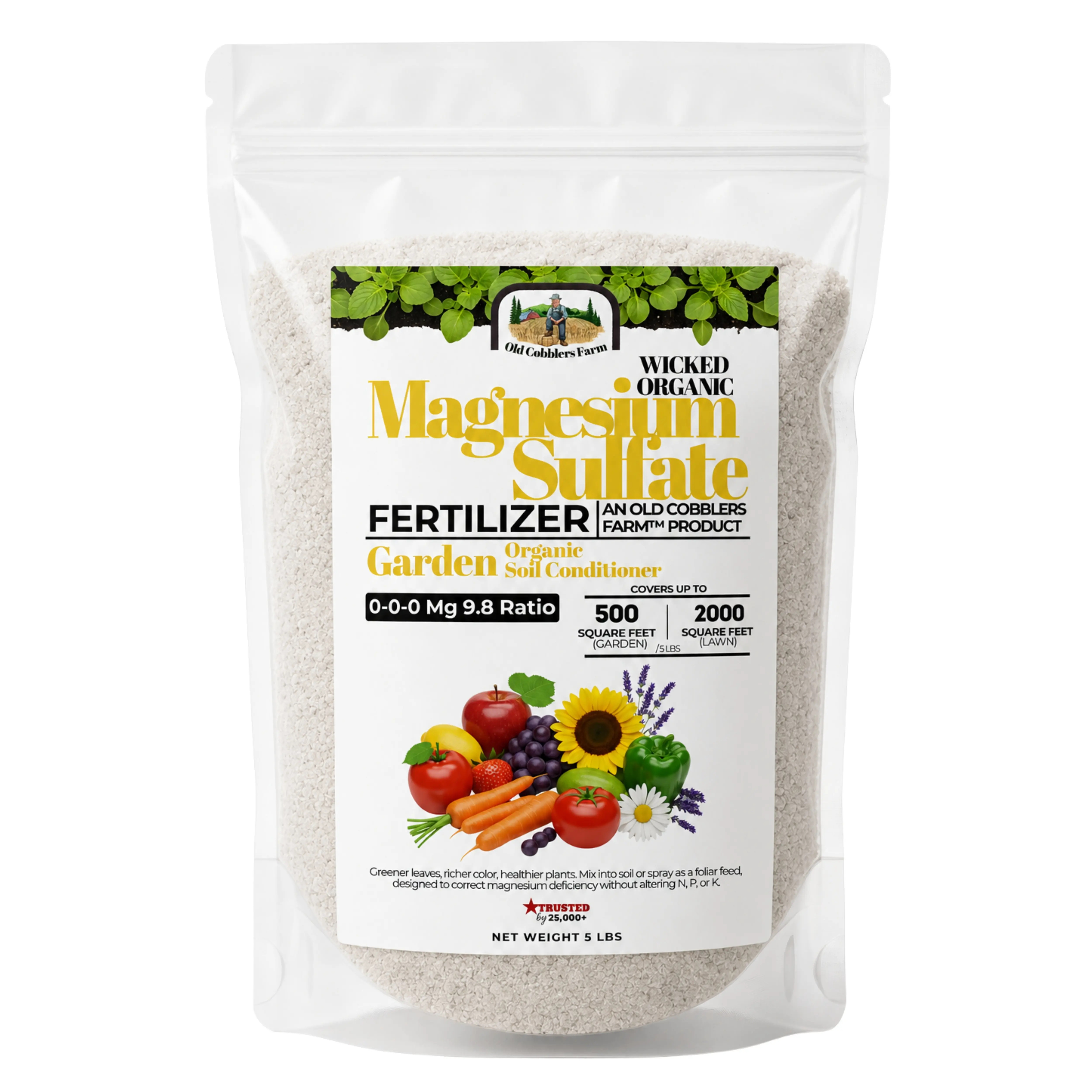 Old Cobblers Farm Wicked Organics Magnesium Sulfate Fertilizer, Epsom Salt, Mg 9.8% Sulfur 12.9%, Water-Soluble Plant Supplement for Tomatoes, Roses and Magnesium Deficiency